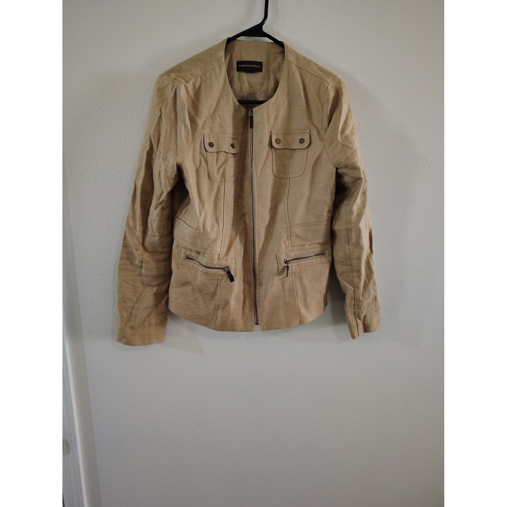 Dana Buchman Tan Khaki Utility Zip Up Jacket Collarless Size 8 Military Style
